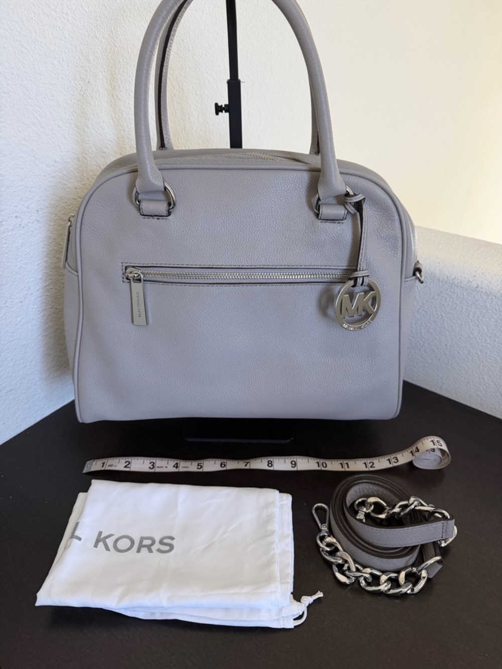 NWOT Michael Kors Light Gray Pebbled Leather Satchel with MK Charm & Chain Strap